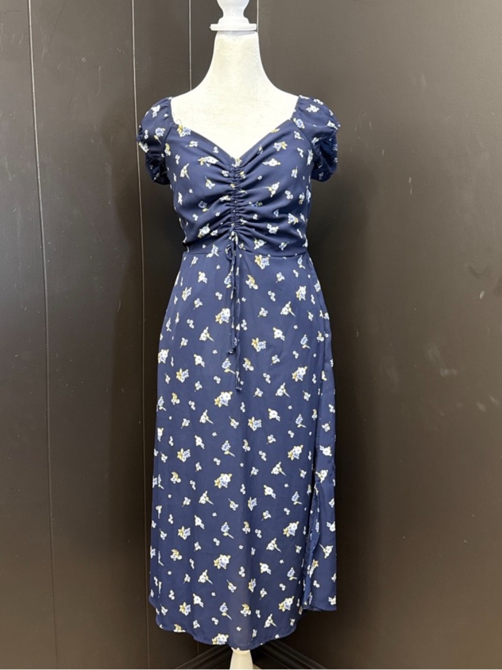 Navy Floral Ruched Maxi Dress